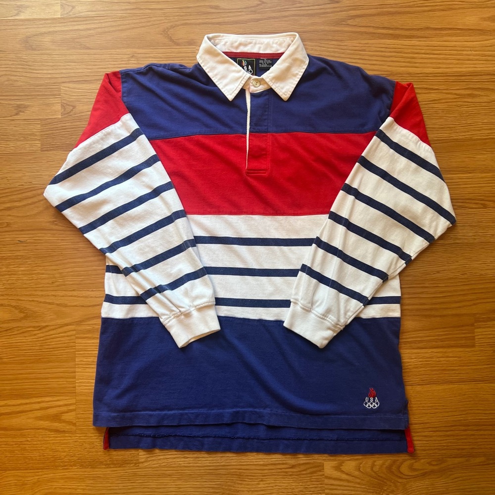 Vintage USA Olympics Rugby Shirt JCPenney Colorblock Striped Polo Large L
